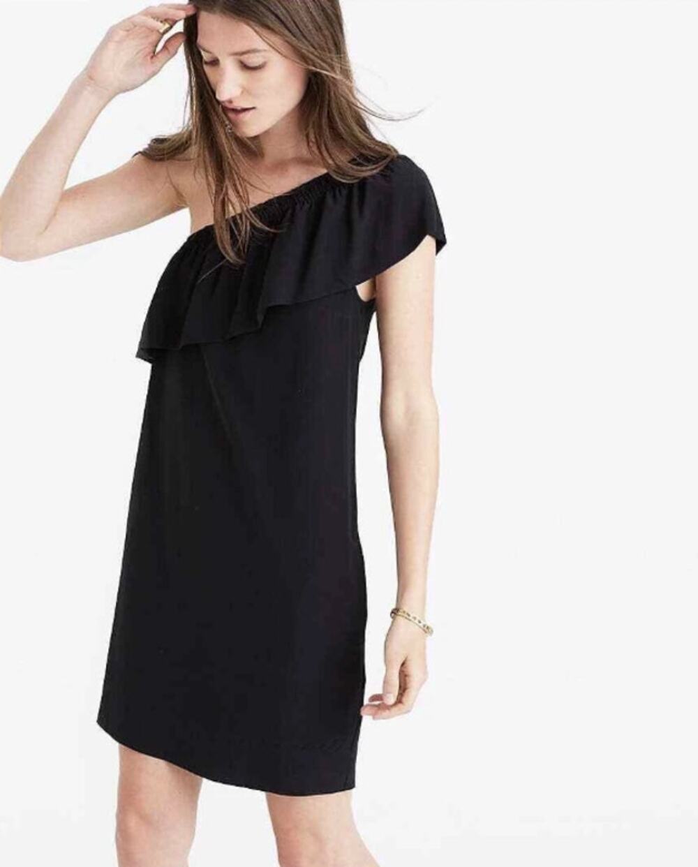 Madewell Silk One Shoulder Dress Black Shift Pockets Size 6 Minimal Elegant